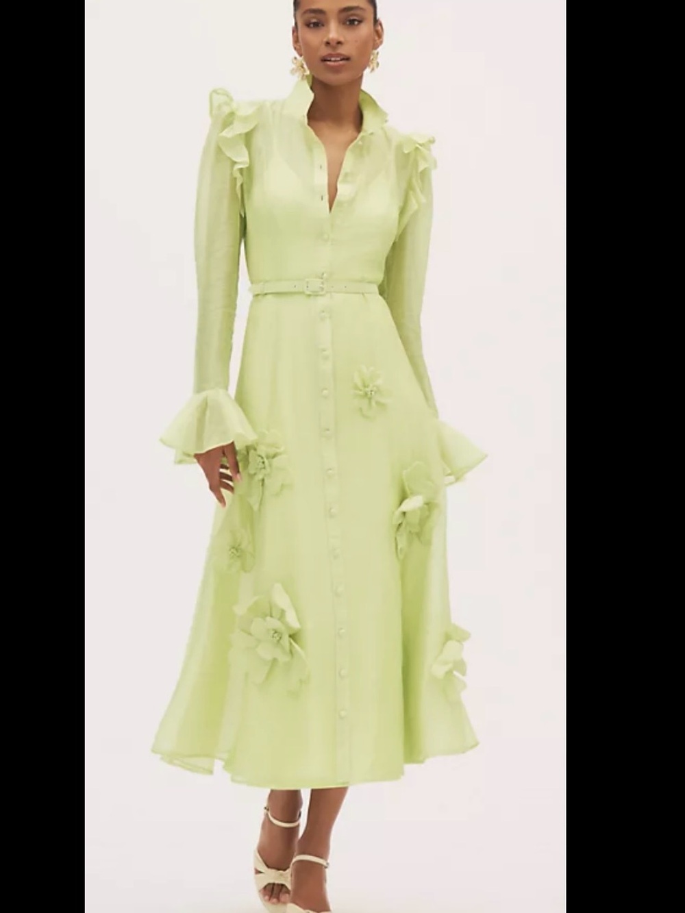 Leo Lin - Lime Green Floral-Appliqué Midi Shirt Dress - worn once!